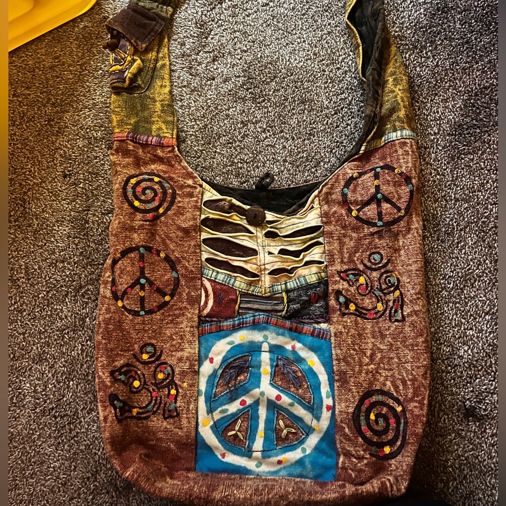 Boho Peace Sign Embroidered Shoulder Bag in Brown and Blue